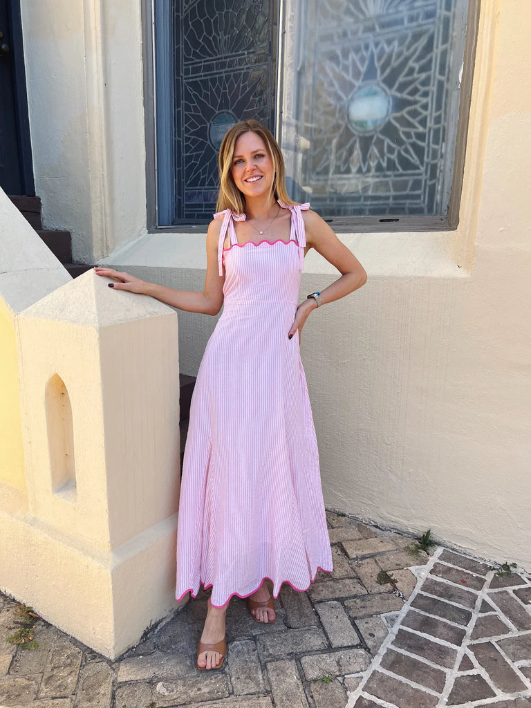 Pink Seersucker Abigail Maxi Dress by Madison Mathews Pink Seersucker Abigail Maxi Dress by Madison Mathews